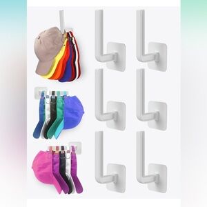 NWT (6) Hat Rack Storage Organizer, Strong Adhesive Two Mounting Options White